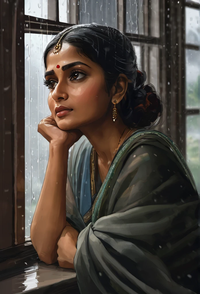 masterpiece, high-quality, a beautiful Indian woman, resting her chin on her hands and looking out the window, humid and sweating, listless look, a little dark room, It's raining outside the window