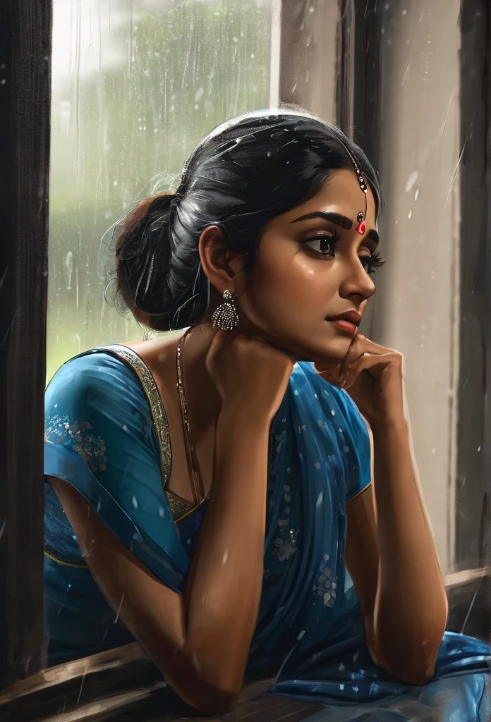 masterpiece, high-quality, a beautiful Indian woman, resting her chin on her hands and looking out the window, humid and sweating, listless look, a little dark room, It's raining outside the window