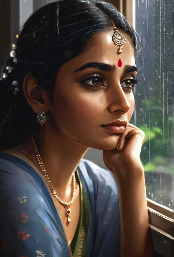 masterpiece, high-quality, a beautiful Indian woman, resting her chin on her hands and looking out the window, humid and sweating, listless look, a little dark room, It's raining outside the window