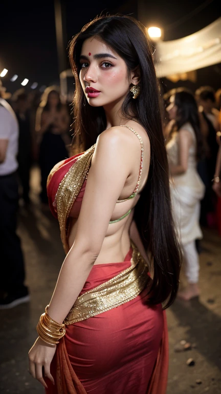  Pretty pakistani woman, extremely pale skin,black long highlighted hair,beauty face, long hair, Candid photo,indian saree, in a (very crowded indian garba festival:1.2),large breasts,(beautiful nipple slip:0.9),night,shiny skin,blurry background, night, lights, very happening environment perfect breast nipples nice clevage seductive poses red lips full body front face nudes 