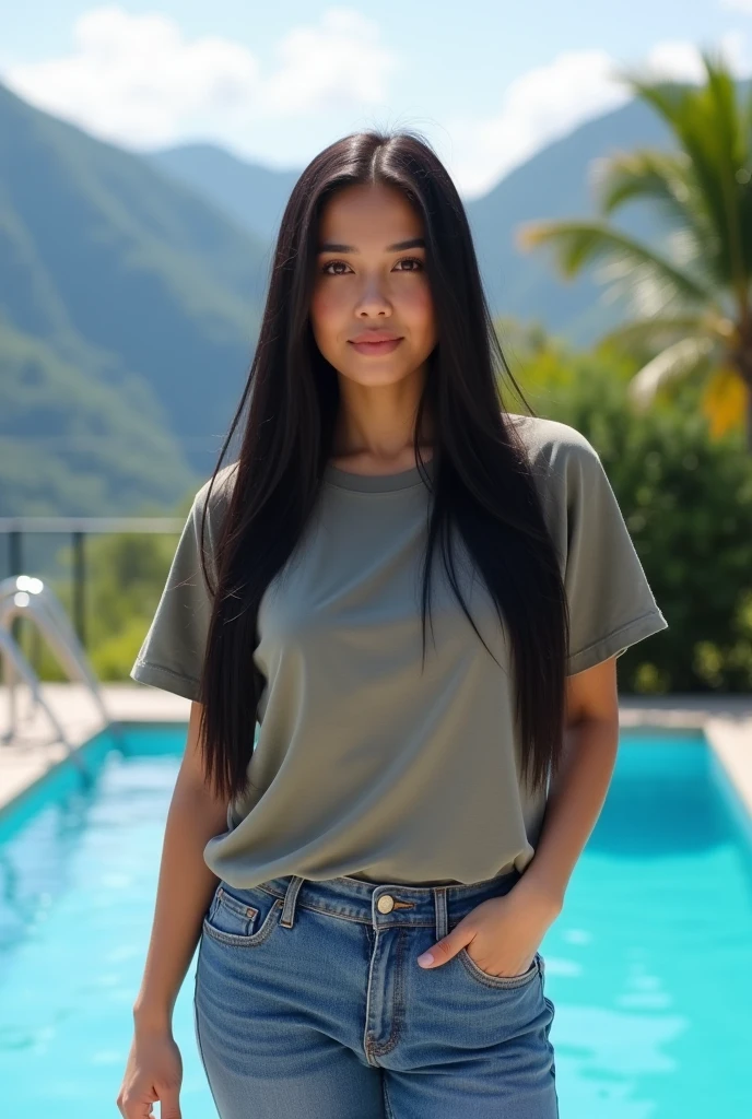 A beautiful Brazilian, age 28, medium breasts, long and straight black hair, thick legs weighing 90 kilos, standing next to a swimming pool, one photo, instagramart, tachisme, jeans and t shirt, beautiful mountains behind, Southeast Asian with a round face, leaked