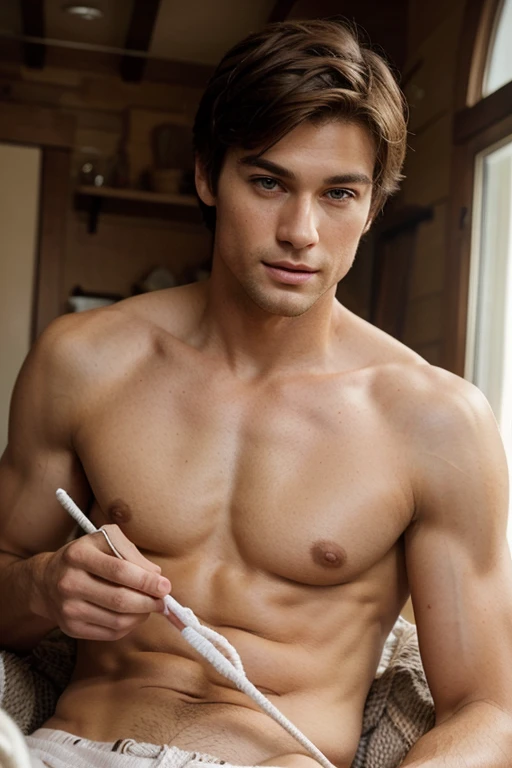 Young handsome cute face handsome skinny white shirtless knitting clothes with grandmother handsome man
