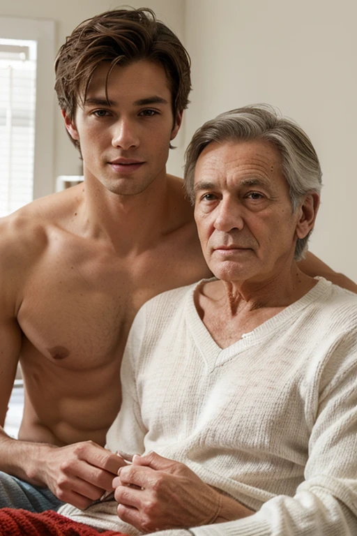 Young handsome cute face handsome skinny white shirtless knitting clothes with grandmother handsome man