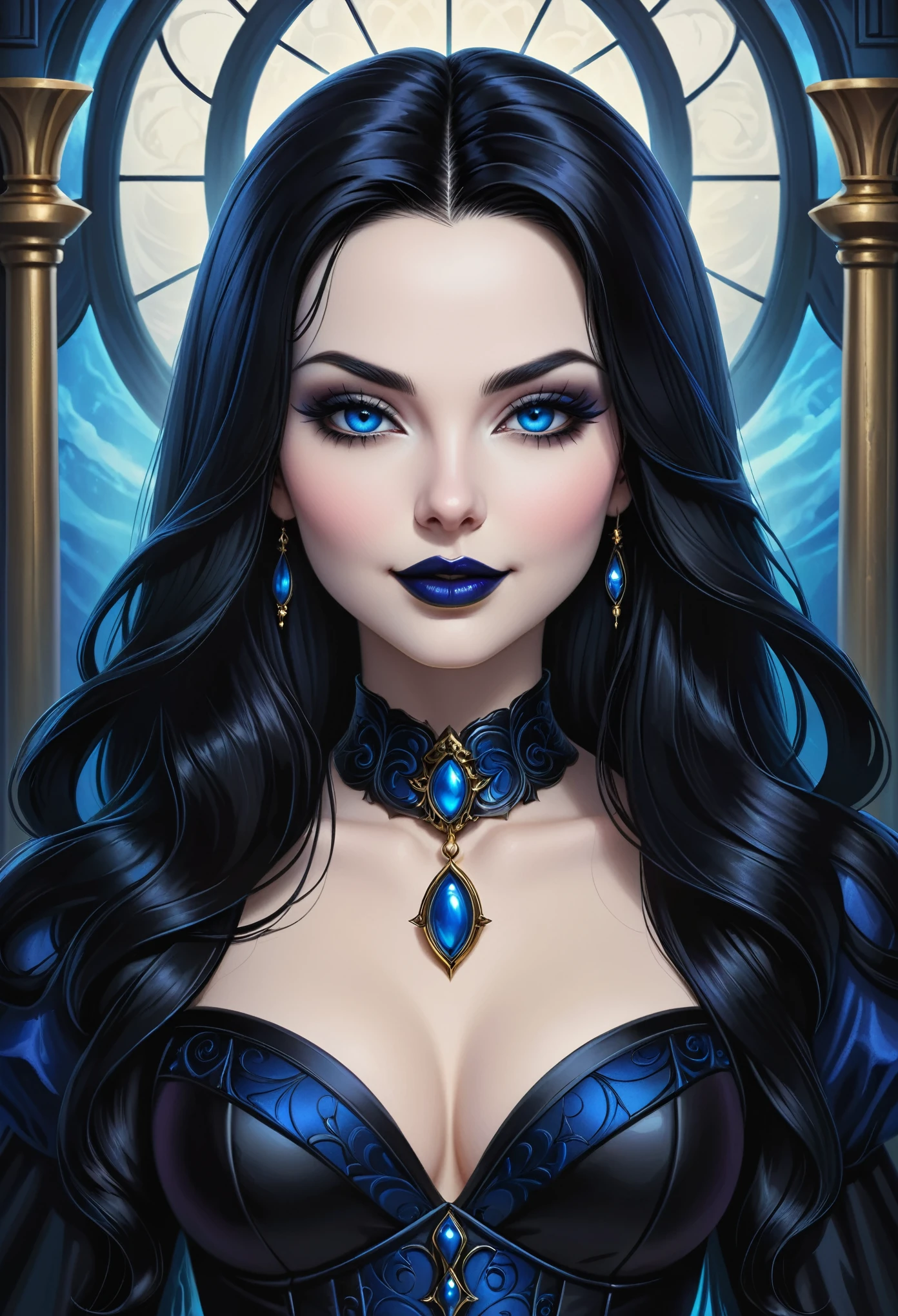 Portrait, beautiful goth super villainess with long flowing black hair, mesmerizing blue eyes, black lipstick, fair complexion, hourglass figure, symmetrical figure, highly detailed face, beautiful face, lush lips, smiling, alluring, realistic 8k background