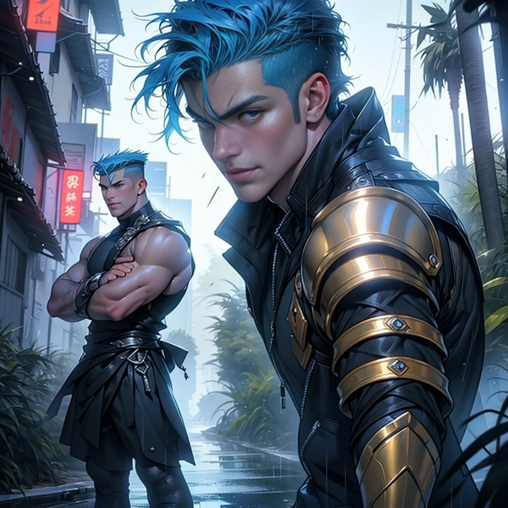 a portrait of a powerful greek warrior demigod, Dark skin and confident smile, Short and straight light blue hair ((shaved on the sides)), wearing dark red and blue futuristic greek armor. (Very bright), realistic features, detailed muscular physique, Realistic representation, 4k resolution. Set the temple of Zeus in the background., Thunder and lightning, rain , vivid colors, epic shot, 32k UHD, Best Quality, masterpiece, Super detail, High details, warrior pose, ((front shot)), in front of the viewer. full body character.