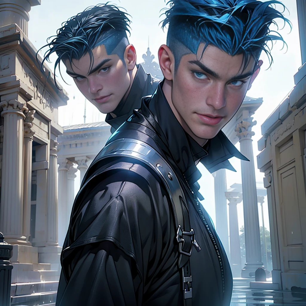 a portrait of a powerful greek warrior demigod, Dark skin and confident smile, Short and straight light blue hair ((shaved on the sides)), wearing dark red and blue futuristic greek armor. (Very bright), realistic features, detailed muscular physique, Realistic representation, 4k resolution. Set the temple of Zeus in the background., Thunder and lightning, rain , vivid colors, epic shot, 32k UHD, Best Quality, masterpiece, Super detail, High details, warrior pose, ((front shot)), in front of the viewer. full body character.