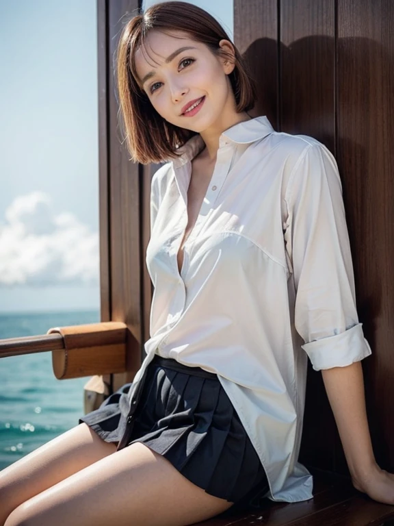 Gray background、pubic hair、Large Breasts、Thighs、Red lipstick、Cute woman、White shirt、smile、Open chest shirt、(A wet shirt with underwear showing through)、Wet Hair、Gazing at the sea、smile、On the boat、Raising his arms、Looking from below、Cloud、blue sea、(Hair tousled by the wind)、Light pink pleated skirt、Short Hair、