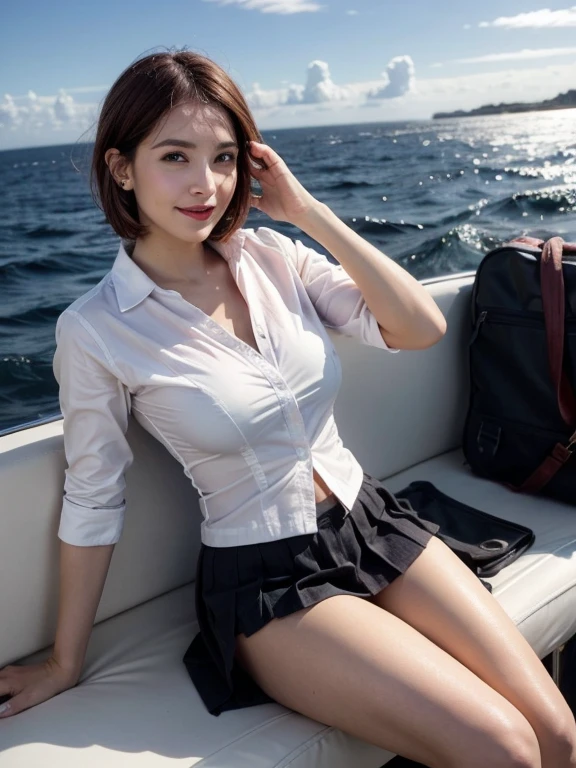 Gray background、pubic hair、Large Breasts、Thighs、Red lipstick、Cute woman、White shirt、smile、Open chest shirt、(A wet shirt with underwear showing through)、Wet Hair、Gazing at the sea、smile、On the boat、Raising his arms、Looking from below、Cloud、blue sea、(Hair tousled by the wind)、Light pink pleated skirt、Short Hair、