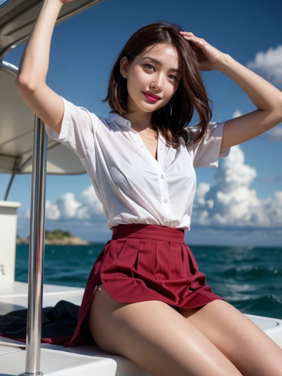 Gray background、pubic hair、Large Breasts、Thighs、Red lipstick、Cute woman、White shirt、smile、Open chest shirt、(A wet shirt with underwear showing through)、Wet Hair、Gazing at the sea、smile、On the boat、Raising his arms、Looking from below、Cloud、blue sea、(Hair tousled by the wind)、Light pink pleated skirt、Short Hair、