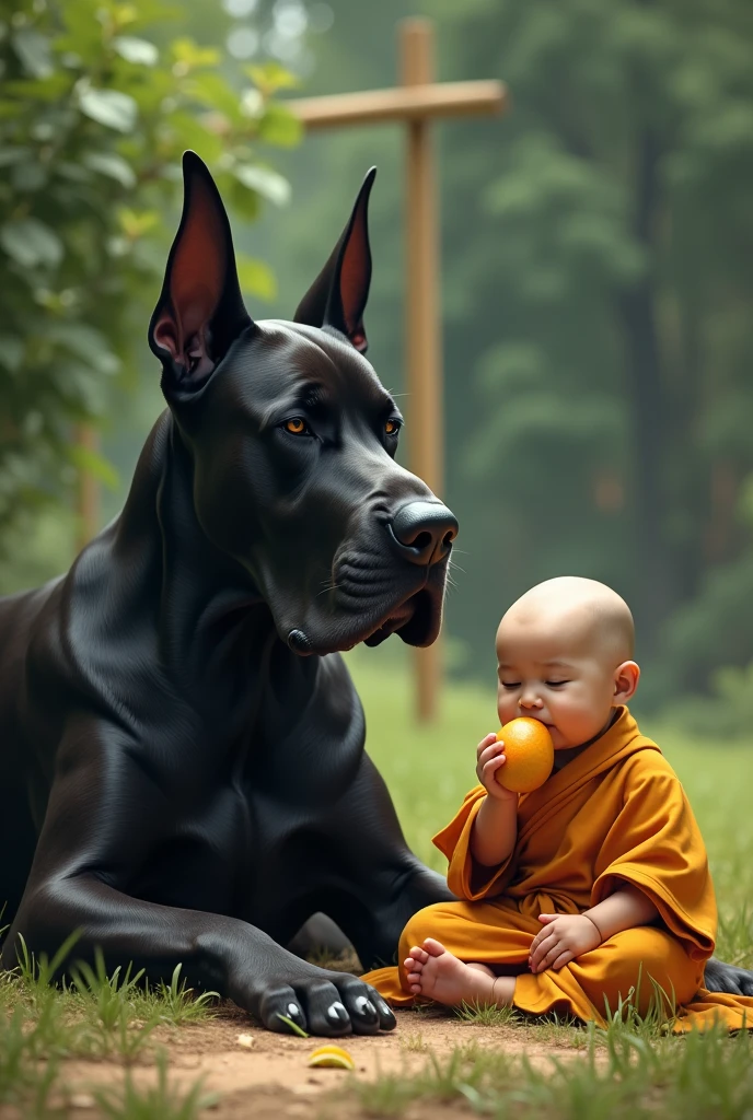 A white Great Dane lying facing the camera in a backyard-like setting with a goalpost in the background. Behind the Great Dane is a black dog, and there is a baby dressed in monk robes, sucking on a mango.