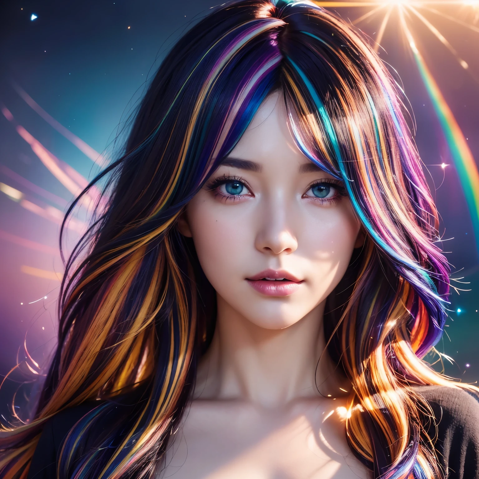 {{masterpiece}}, highest quality, Highly detailed CG Unity 8K wallpaper, cinematic lighting, Lens flare, beautiful detailed eyes, black, side line, multi-colored hair, colorful light, particle, heterochromia, (colorful:1.5), (colorful hair:1.5),
