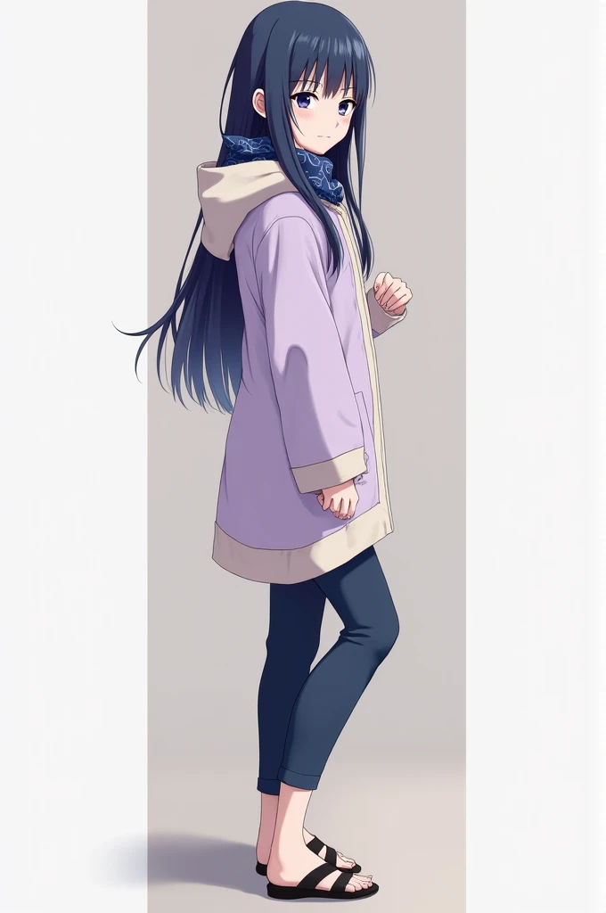 1 ninja girl Hinata hyuga from anime manga naruto shippuden white skin, dark blue hair, long straight haircut, hime style, bangs, short shoulder-length locks, much more feminine, loose lavender hooded jacket, cream with lavender cuffs, Navy blue pants, black low-heeled sandals, ninja bandana around his neck.