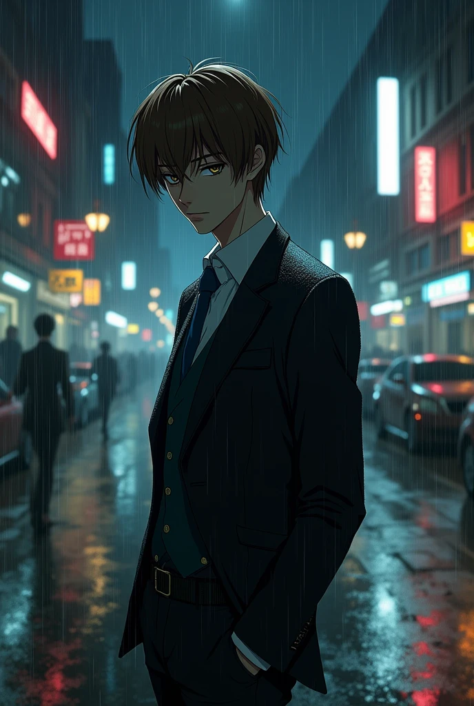 Create images of Light Yagami on a rainy night