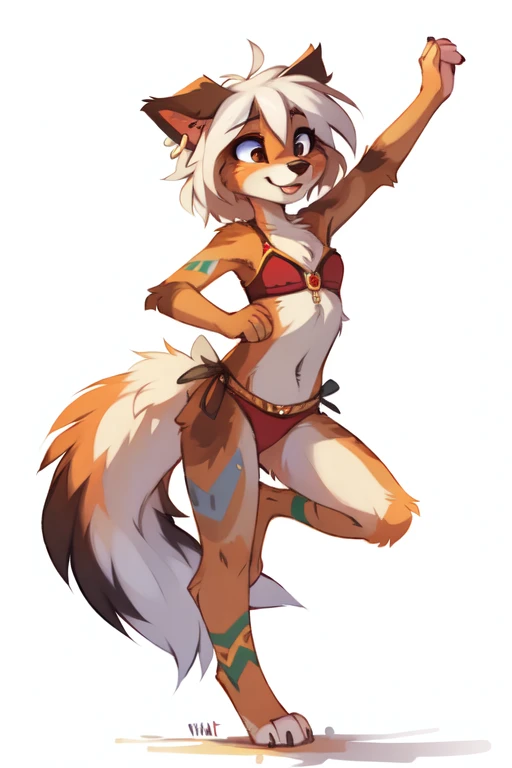 (((White background, no background))), High quality, 8K, by kenket, by swaybat, by reysi, by Zackary911, by hyattlen, by teranen, by fumiko, by Pixelsketcher, by Bayard Wu, by Einshelm, by Kilinah, by Hioshiru, by fluff-kevlar, by Dimwitdog, Furry, Anthro, solo, ((australian shepard)), ((female)), ((young)), fluffy tail, ((slender)), ((short white hair)), chest fluff, short, small breasts, blue and white bikini, gold lace sarong around waist, angry, bad posture,