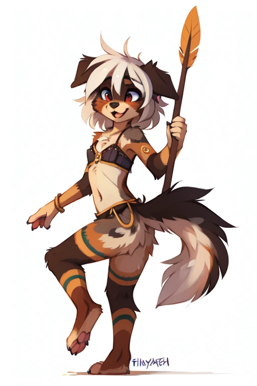 (((No background, white background))), High quality, 8K, by kenket, by swaybat, by reysi, by Zackary911, by hyattlen, by teranen, by fumiko, by Pixelsketcher, by Bayard Wu, by Einshelm, by Kilinah, by Hioshiru, by fluff-kevlar, by Dimwitdog, Furry, Anthro, solo, ((australian shepard)), ((female)), ((young)), fluffy tail, ((slender)), ((short white hair)), chest fluff, short, small breasts, aztec costume, body paint, feathers, piercings, cloth bra, dancing, dynamic pose, fluffy butt, erotic
