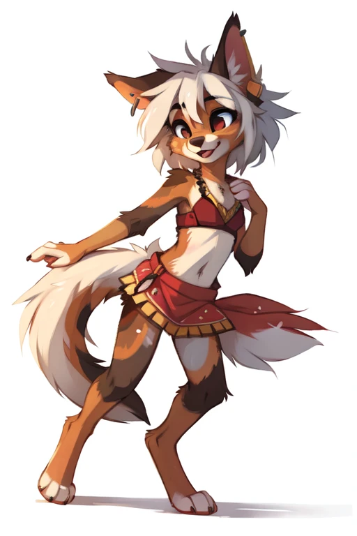(((No background, white background))), High quality, 8K, by kenket, by swaybat, by reysi, by Zackary911, by hyattlen, by teranen, by fumiko, by Pixelsketcher, by Bayard Wu, by Einshelm, by Kilinah, by Hioshiru, by fluff-kevlar, by Dimwitdog, Furry, Anthro, solo, ((australian shepard)), ((female)), ((young)), fluffy tail, ((slender)), ((short white hair)), chest fluff, short, small breasts, aztec costume, body paint, feathers, piercings, cloth bra, 