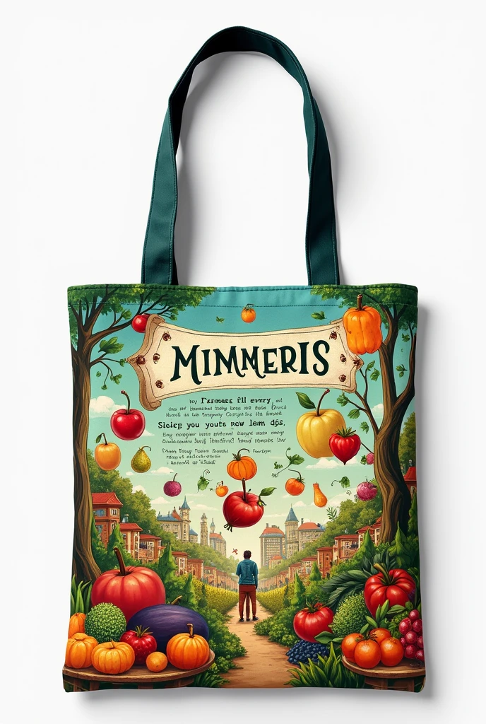 Generate a graphic design art for carry bag with different tales for grocery and food