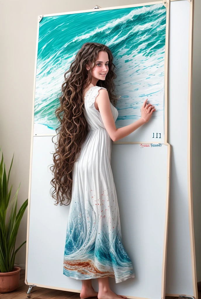 Beautiful girl with wavy long hair, bohemian dress, holding a white board with text "I Love Seaart Infinity" and showing it to the viewer