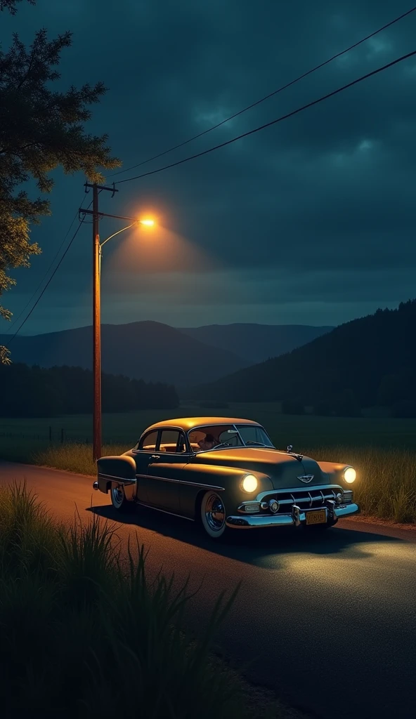a silent countryside dark night there is an oldies car and the driver in the car under the street light