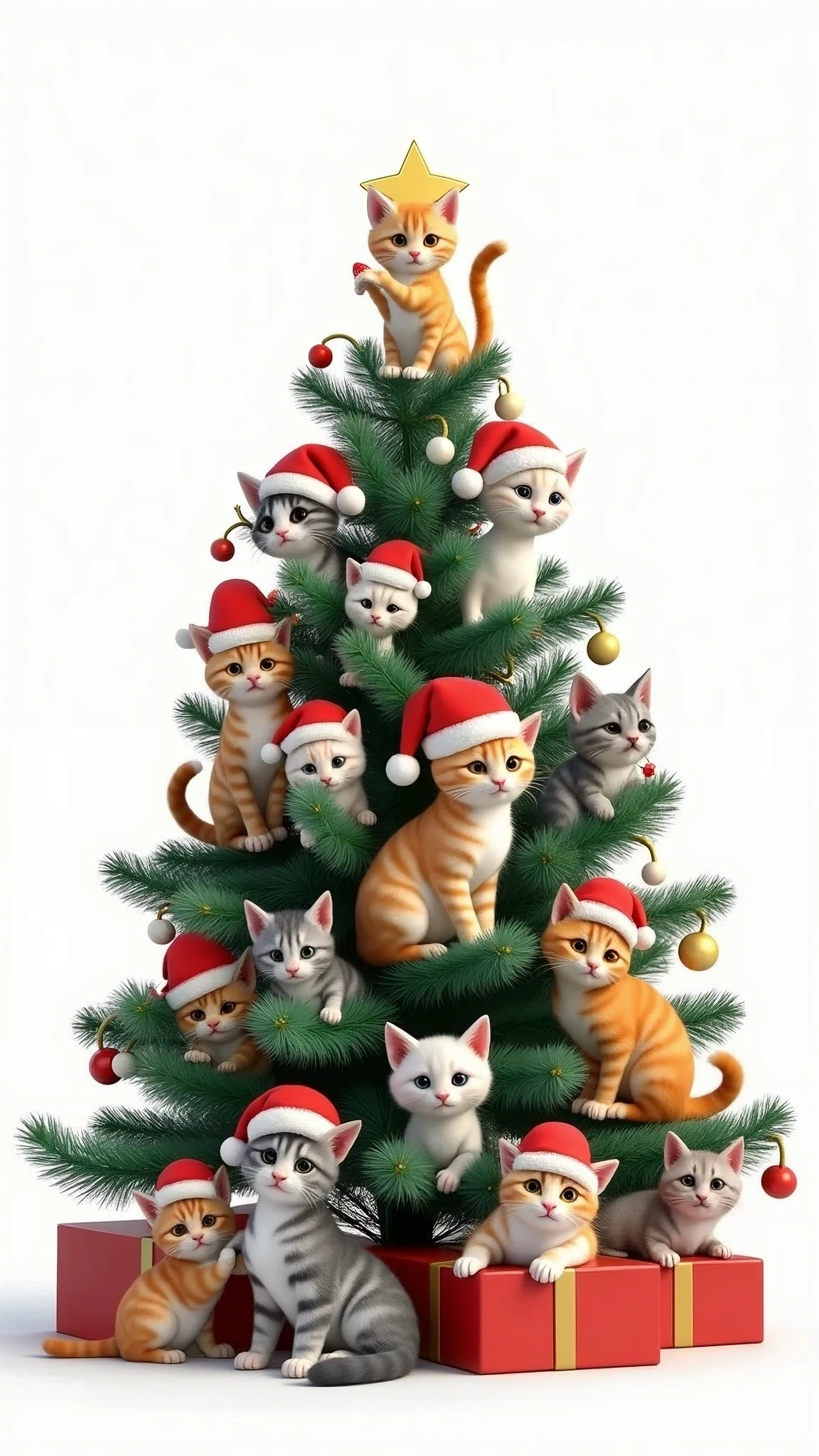 cute Christmas tree made of cats, with lots of different kittens in santa hats sitting on it, white background, vector art illustration, with text "atart digital" at the bottom, in the style of Alex Toth, 3d render, hyper realistic, full body shot, high resolution, hyper detailed