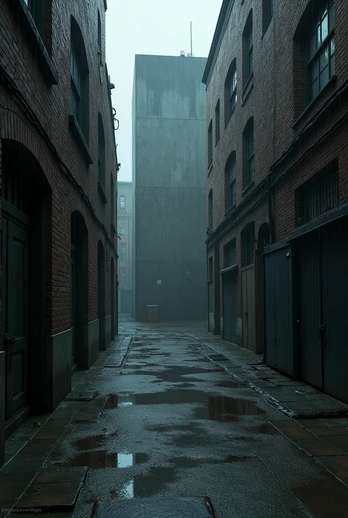 A narrow alley leading to a concrete wall, It a rainy day