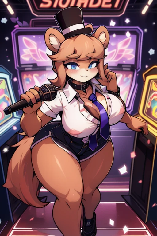 FrenniFazclaire, anthropo, breasts big, Correia, collar shirt, blushing, blush, in an arcade, neon lights, Dancing on stage, holding the microphone, butterfly necktie, top hats, Broad Hips, coxas enormes, looking ahead at viewer, (best qualityer, work of art, face perfect, beautiful and aesthetic:1.2, colorfully, dynamic angle, highest detailded face) photo by full body, fashion shooting, 35mm, bokeh, 9:16, (details Intricate, hyperdetailded:1.15), detailded,(hight contrast, offcial art, extreme detailded, highest detailded)