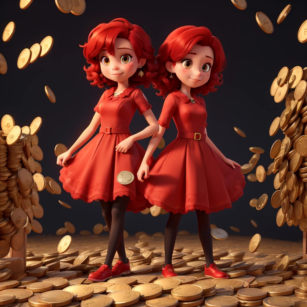 red hair girl, Red dress, Black background, she is on the side, money coins silver, Dollars, millions




