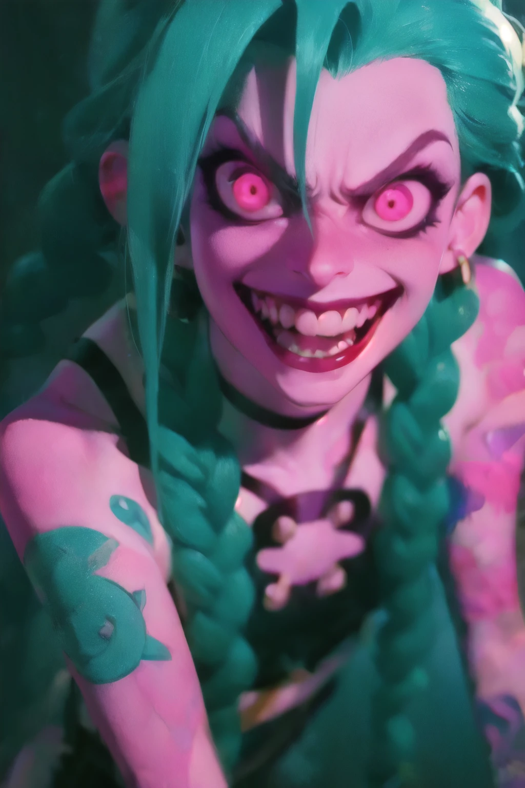 Close-up face, Hyper realistic super detailed Jinx cosplay ,(( Young girl, 15 years old)) , Very detailed, (hyper realistic: 1.4), in dynamic pose, angry face, twin braids, long hair, blue hair, red eyes, tattooed, ((skinny body)) , ((evil eyes, psycho face, creppy smiling )), arcane style. ((Grunge Neon grafitti background, cinematic lighting)).