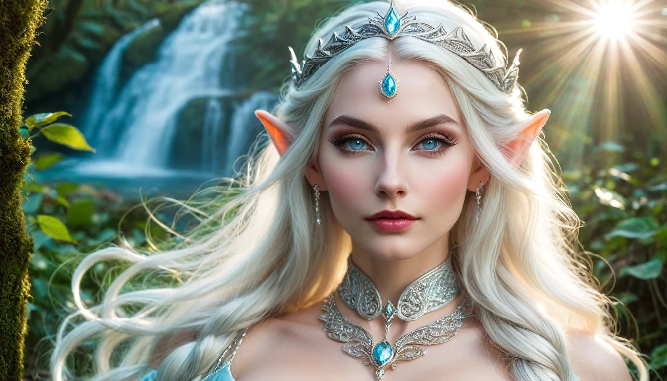 FACE SHOT OF BEAUTIFUL BOMBSHELL TOLKIEN ELF WOMAN, 30 YEARS OLD, HUGE LONG PLATINUM HAIR, BRAIDED HAIR, VERY PALE SKIN, EXPRESSIVE TURCOISE EYES, LOVELY FACE, ENIGMATIC FACE EXPRESSION, GORGEOUS LIPS, ROSY CHEEKS, HIGH CHEEKBONES, MENTAL FORAMEN, EXPOSED ELF TIP EARS, SILVER TIARA, PLATIMUN EYEBROWS, FULL NECK CLEAVAGE, LIGHT BLUE NECK VICTORIAN DRESS, ATHLETIC CURVY BODY, SIDE ANGLE SHOT, DEEP FORREST, DAYLIGHTS, BACK LIGHTS, SUN LIGHTS, MASTERPIECE, ACCURATE IMAGE