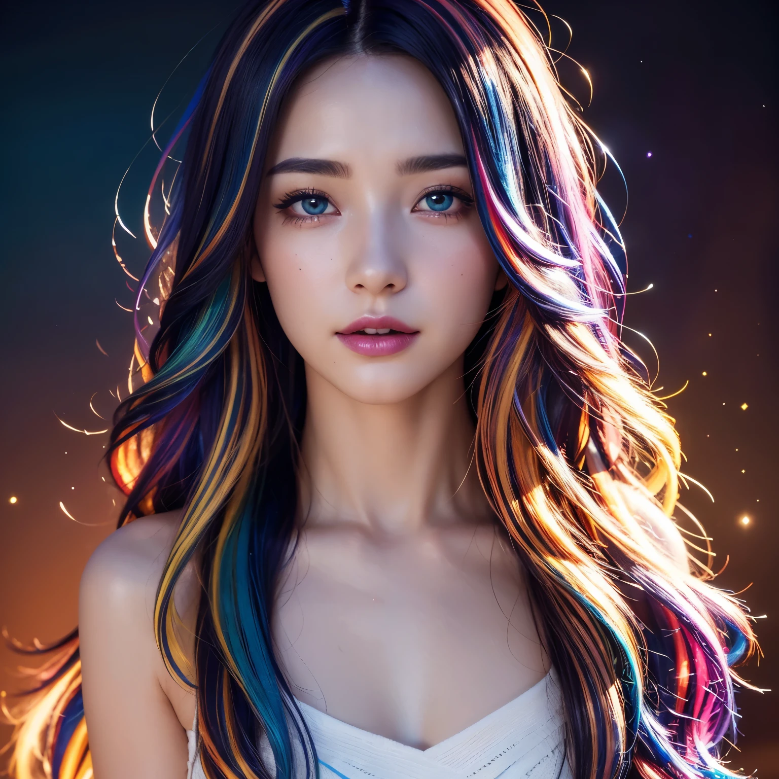 {{masterpiece}}, highest quality, Highly detailed CG Unity 8K wallpaper, cinematic lighting, Lens flare, beautiful detailed eyes, black, side line, multi-colored hair, colorful light, particle, heterochromia, (colorful:1.5), (colorful hair:1.5),
