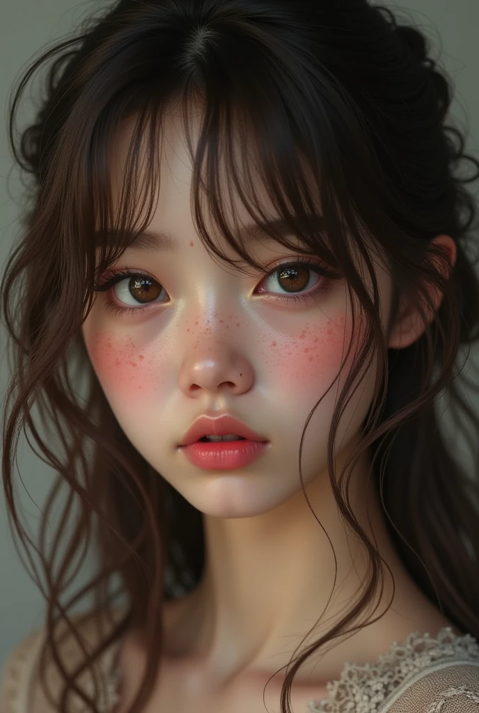 Beautiful girl with messy brown wavy long hair with side bangs, hair down, 18 year old, pouty pink lips, big brown doe eyes, , innocent looking, freckles, emotionless, fictional, small frown, long lashes, feminine