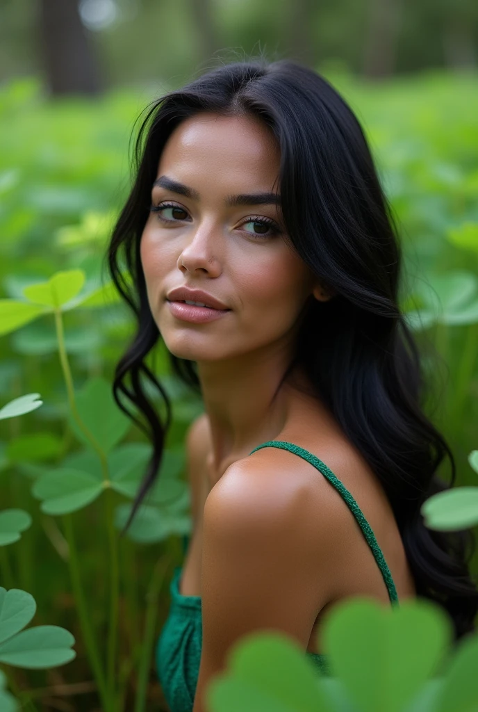 beautiful latin woman with long black hair sitting in the middle of a four-leaf clover field