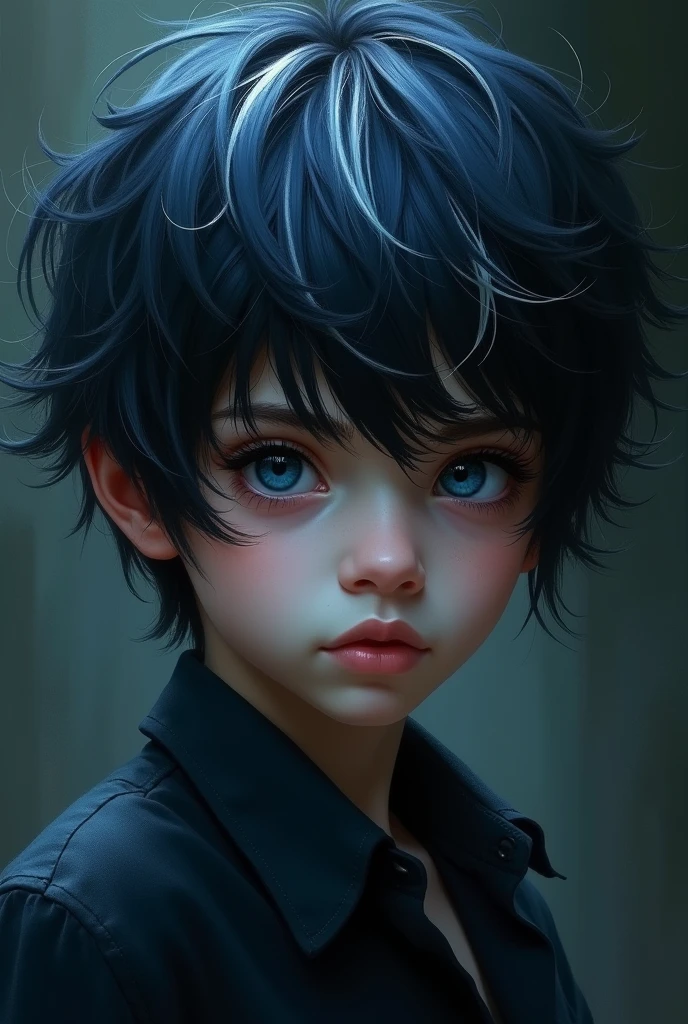 Young boy with black eyes and black , dark-blue with White streaks hair