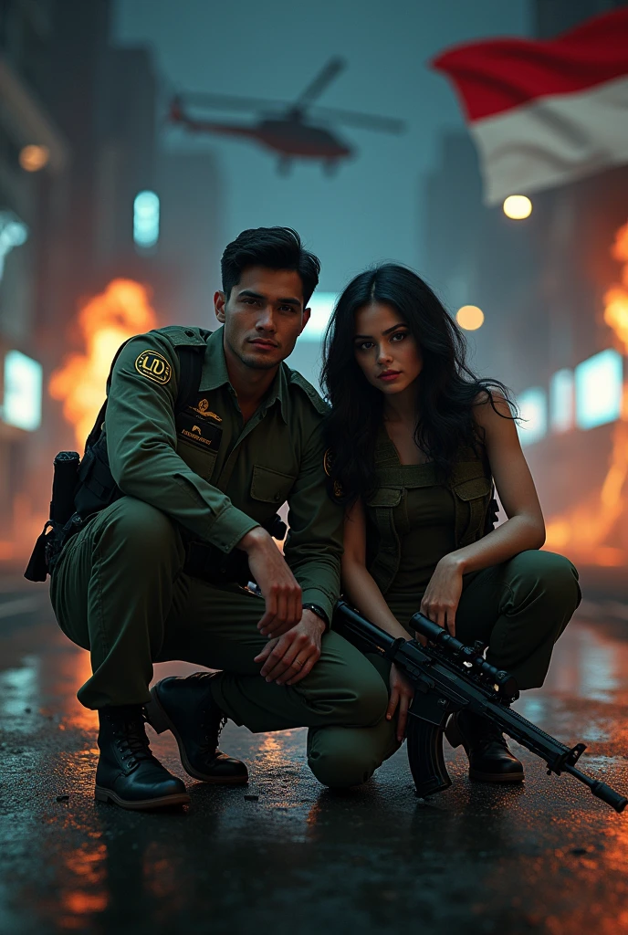 (POV). coupel,a handsome man wearing army clothes (TNI indonesian) bearing the text "LD" small logo, muscle body,  body facing the camera, With a squatting style in the middle of the road, and The beautiful and cute girls from Indonesian, beautiful round face, badass lady with black (hairstyle), (accessoris), dressing in military vest, While sitting squatting in the middle of the road,faintly  facing forward,by the night city,there's fire, there's helicopters, with sniper-gun next her And the Indonesian flag is flying