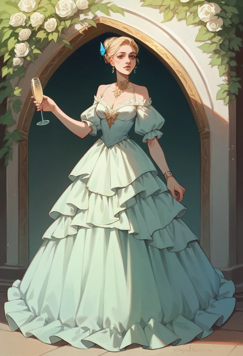 Ultra-realistic digital quinceanera standing in a champagne-colored dress with fuchsia butterflies perched on the dress