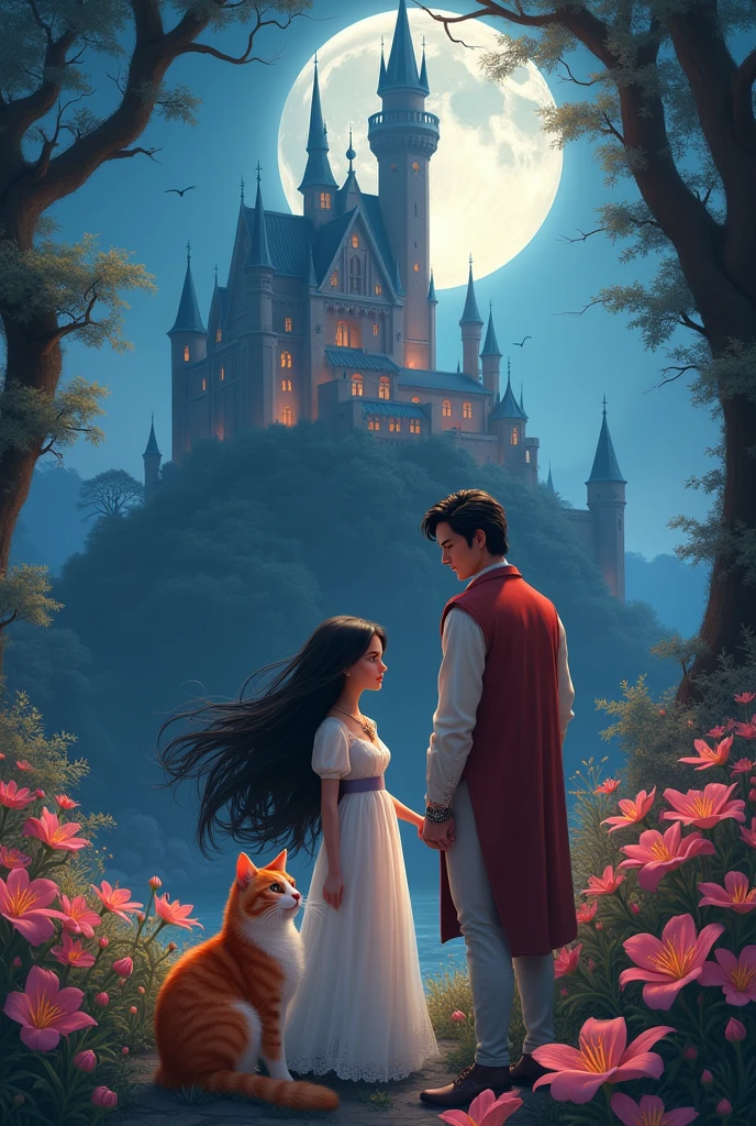 Country of Lilies at night where there is a beautiful large castle where Princess Lily with medium-length black hair and black eyes stands next to a red cat with a white belly.. Standing nearby is a handsome tall prince who looks at Lily with a loving gaze.