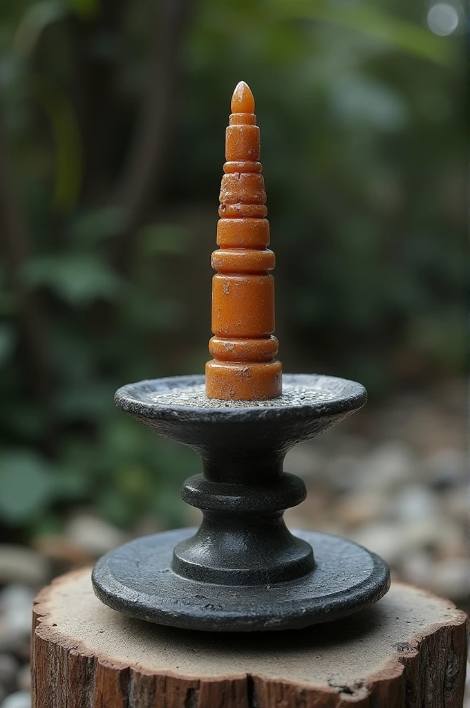 short cylindrical pillar-like symbol of Shiva, made of stone, metal, gem, wood, clay or precious stones.[7][1] It is often represented within a disc-shaped platform,[1][8] the yoni – its feminine counterpart,[9][10] consisting of a flat element, horizontal compared to the vertical lingam, and designed to allow liquid offerings to drain away for collection.[11]