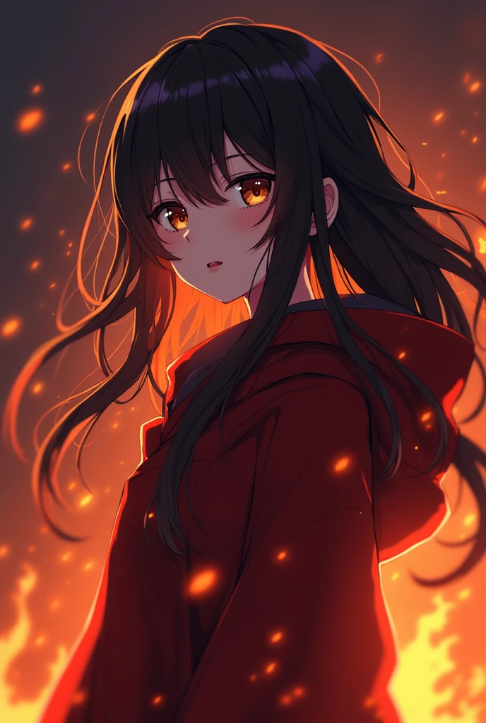 medium long hair character , anime design , with the elements of fire and darkness
