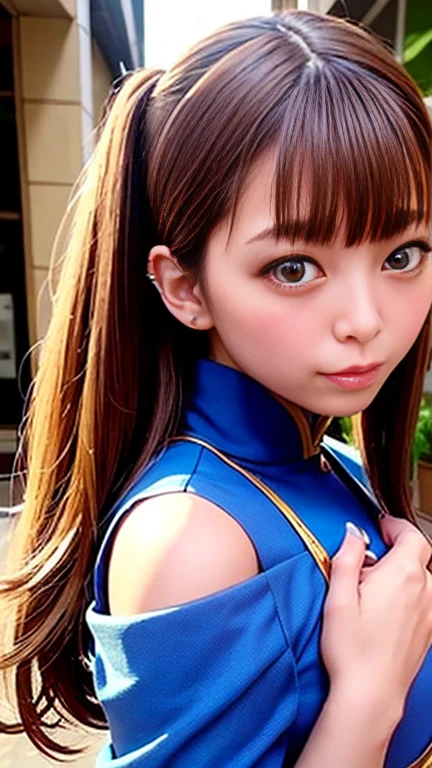 China、On the road、(Chun-Li Uniform、Chun-Li Costume、Chun-Li Cosplay、Chun Li costume、Chun-Li Costume、Sexy College Girl、Off the shoulder、Deep slit)、、1 girl、Medium breast、Bob Hair、masterpiece:1.3、Raw photo、Highest quality、Highest quality、Detailed image quality、Detailed Background、High Kick、