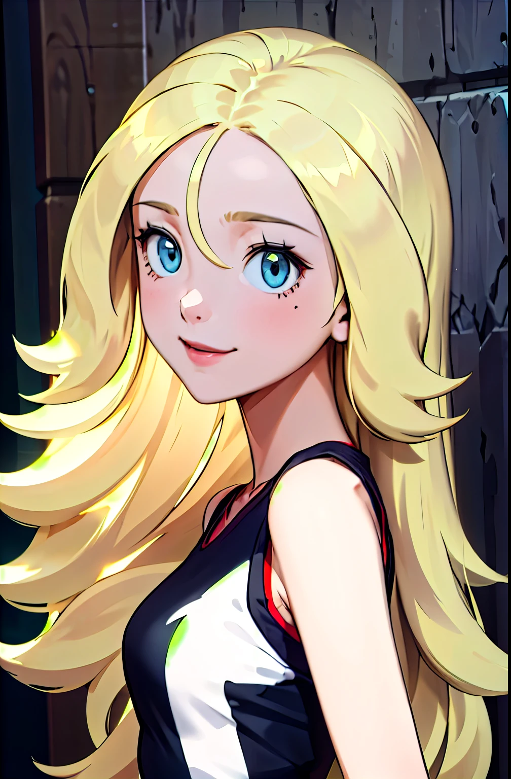 pkmndawn, 1 girl, blue colored eyes, hair blonde, long hair, sleeveless, ssmile, black tee, absurderes, ultra detailded, work of art, best qualityer, aesthetics, detailded,