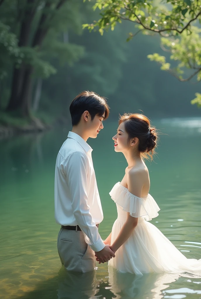 create a scene for me where Jungkook and Jimin are dressed in white , they are in a river with water up to their waists, holding hands looking at each other, Meanwhile Youn Jung was standing on the ground out of the water looking at them because she was the one doing the wedding.