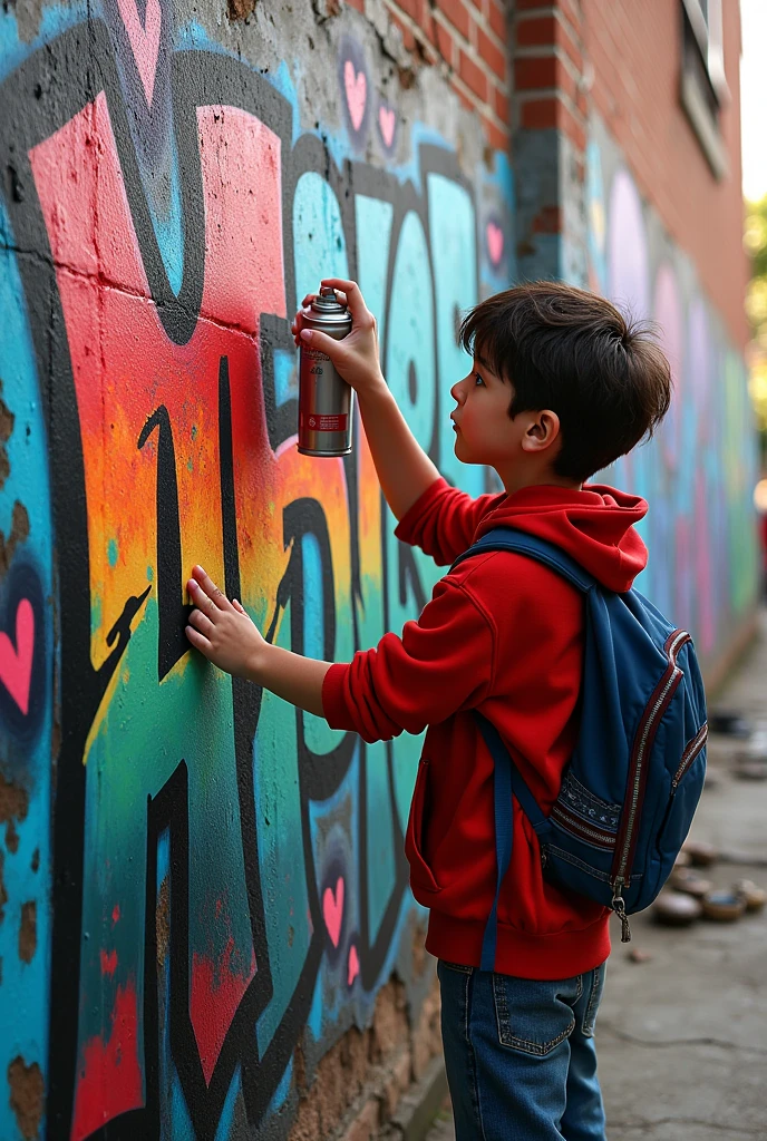 Image of boy making graffiti of the phrase "Art Heals"