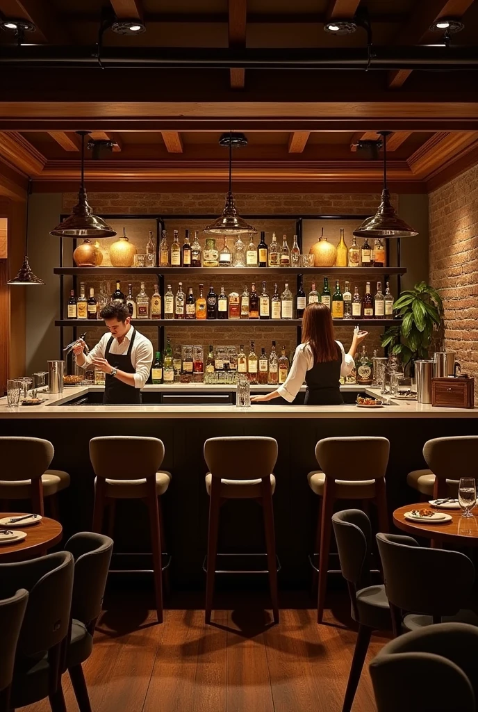 A bar for 20 people sitting front of bar counter