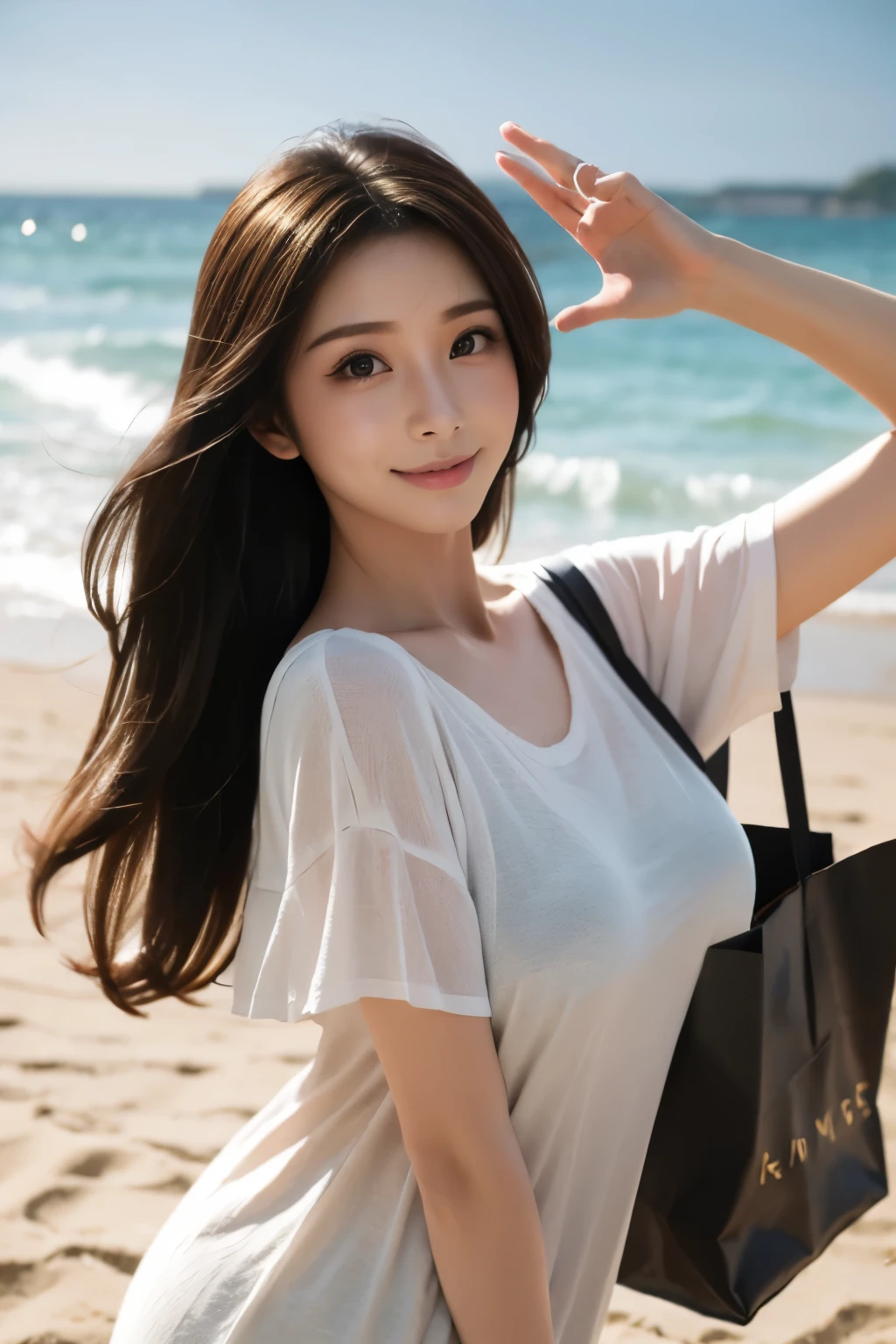 1woman,28yo,Close up,Detailed details,、high resolution、high quality、Perfect dynamic composition、Beautiful detailed eyes、Natural Color Lip、1 persons、Transparent skin、Glowing hair、smiling,masterpiece、Best Quality、finely detail、high resolution、8K、The correct state of the human body、She wears a navy blue long knit dress、randome pose、Gravure Model Pose、Hair soaring in the wind,((beach side)),((hands up and waving)),a beach bag at shoulder,
