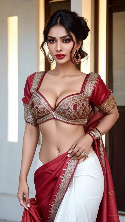 Create an ultra-realistic image of a modern, attractive female influencer of Indian descent, aged between 27 to 30. She should have a warm and inviting smile, expressive almond-shaped eyes with a slight shimmer, and clear, glowing skin with a medium brown complexion. Her features should be well-defined, with high cheekbones and a sharp jawline.

Her hair should be long and thick, with a vibrant, warm red color that’s eye-catching and bold, styled in a classic and elegant updo with a modern twist. She should have a slender yet athletic build, reflecting a healthy and active lifestyle, with a medium bust size (40-42 inches), offering a balanced and proportionate look.

She is wearing traditional yet comfortable ethnic wear, like a saree or salwar suit, which enhances her toned figure. She accessorizes with subtle yet chic jewelry, such as small hoop earrings and a few thin bangles. Perfect size brest nipple nice cleavage seductive poses red lips full body front face nudes 

The background should feature quaint villages and small towns with charm and character, adding a unique and picturesque element to the scene. Her overall appearance should exude confidence, approachability, and sophistication, capturing the essence of a contemporary Indian fashion influencer.

Negative Pr