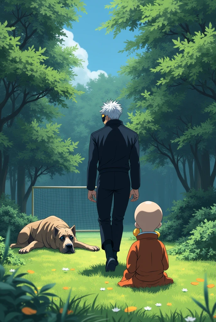 Create an image of Satoru Gojo approaching a baby dressed in monk robes and a black Great Dane lying motionless in a garden. Satoru Gojo is a tall, lean man with spiky white hair and striking blue eyes, usually obscured by a black blindfold or dark sunglasses. He is wearing a high-collared, black uniform. Gojo should be depicted walking confidently towards the scene, with a calm and focused expression. The garden includes a goalpost in the background, and the Great Dane is shown with its eyes closed, lying on the ground, while the baby is sitting and sucking on a mango