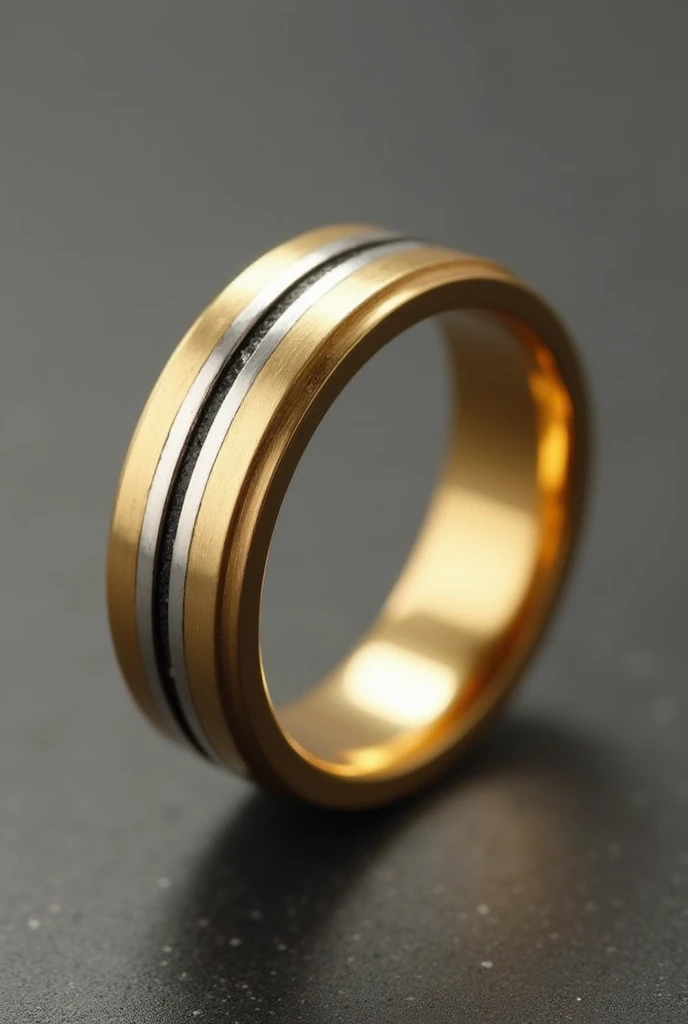 I want to modify my current wedding ring, which is currently a classic and gold model. I want it to have 2 small applications that symbolize my 2 children. That the applications are made of another material. Let the final ring have a masculine style, Modern and elegant. The applications can be 2 lines diagonally to the ring in silver or black.