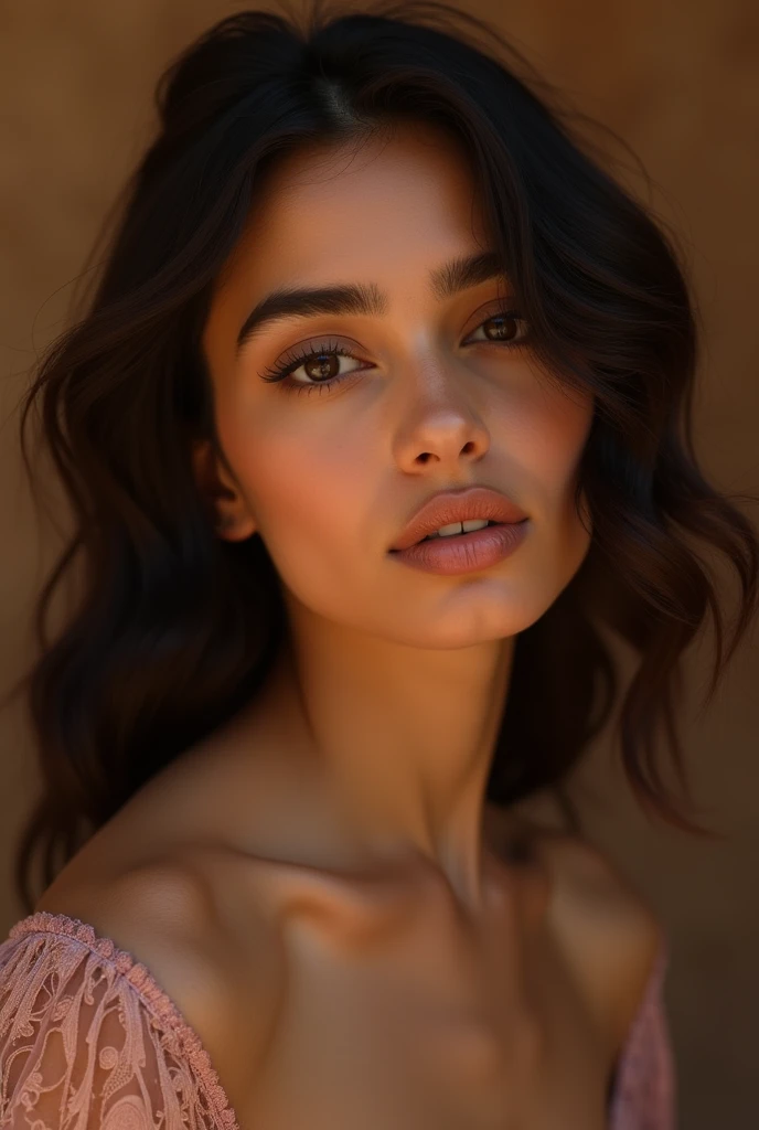 A beautiful Moroccan girl, dark brown eyes, 26 years old, almond shaped eyes, oval face shape, wavy hair, 170cm, 65kg, highly detailed face, detailed skin texture, elegant poses, ,natural lighting, dramatic shadows, warm color palette, portrait, realistic, photorealistic, 8k, masterpiece