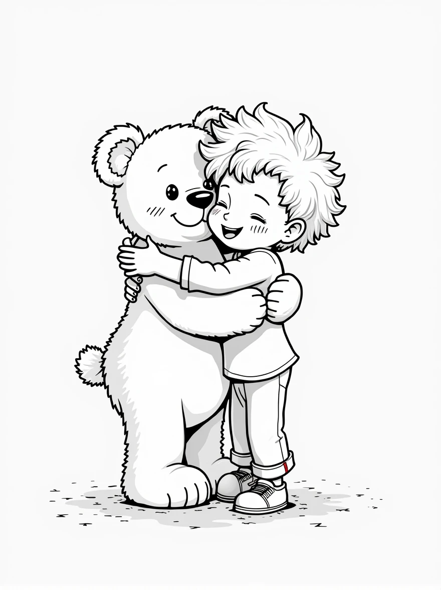 The illustration should be in [SUPER SIMPLE], black and white, cold line art with a clear, mostly empty background. [INCLUDES ONLY OUTLINES WITH NO FILLED IN BLACK AREAS], ensuring no shading, no complex images, and making it very easy to color in between the lines. A happy boy with curly hair, holding a big teddy bear.