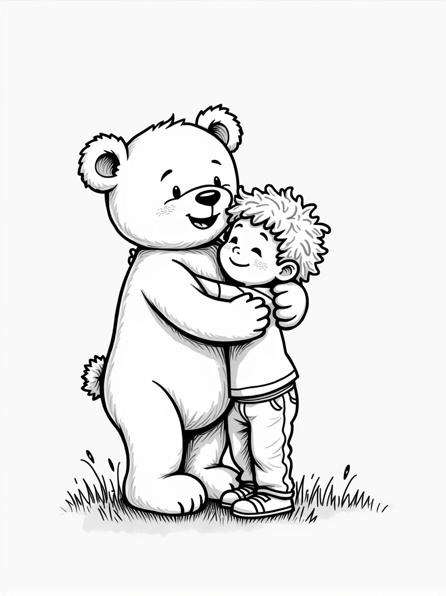 The illustration should be in [SUPER SIMPLE], black and white, cold line art with a clear, mostly empty background. [INCLUDES ONLY OUTLINES WITH NO FILLED IN BLACK AREAS], ensuring no shading, no complex images, and making it very easy to color in between the lines. A happy boy with curly hair, holding a big teddy bear.